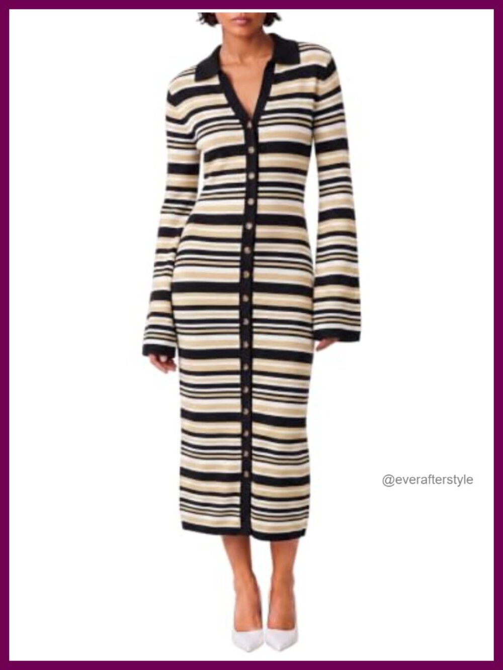 Women's Striped Midi Cardigan Sweater Dress Button Down Long Sleeve Knit